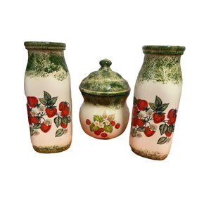 Vintage strawberry salt and pepper shaker and sugar bowl strawberry trivet